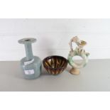 CHINESE CRACKLE GLAZED STEM VASE TOGETHER WITH A FURTHER STUDIO POTTERY BOWL AND A FURTHER PUZZLE