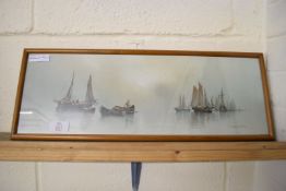 GARMAN MORRIS, STUDY OF FISHING BOATS TITLED 'A GREY MORNING' F/G, 55CM WIDE