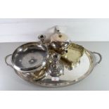 SILVER PLATED OVAL SERVING TRAY TOGETHER WITH SILVER PLATED CANDLESTICKS, TEA POT AND BON-BON DISH