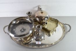 SILVER PLATED OVAL SERVING TRAY TOGETHER WITH SILVER PLATED CANDLESTICKS, TEA POT AND BON-BON DISH