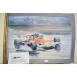 AFTER DONALD GRANT, COLOURED PRINT OF JAMES HUNT WINNING THE 1976 FORMULA 1 DRIVERS CHAMPION IN