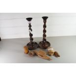 PAIR OF EARLY 20TH CENTURY OAK BARLEY TWIST CANDLESTICKS TOGETHER WITH A SMALL INKWELL AND OTHER