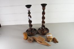 PAIR OF EARLY 20TH CENTURY OAK BARLEY TWIST CANDLESTICKS TOGETHER WITH A SMALL INKWELL AND OTHER