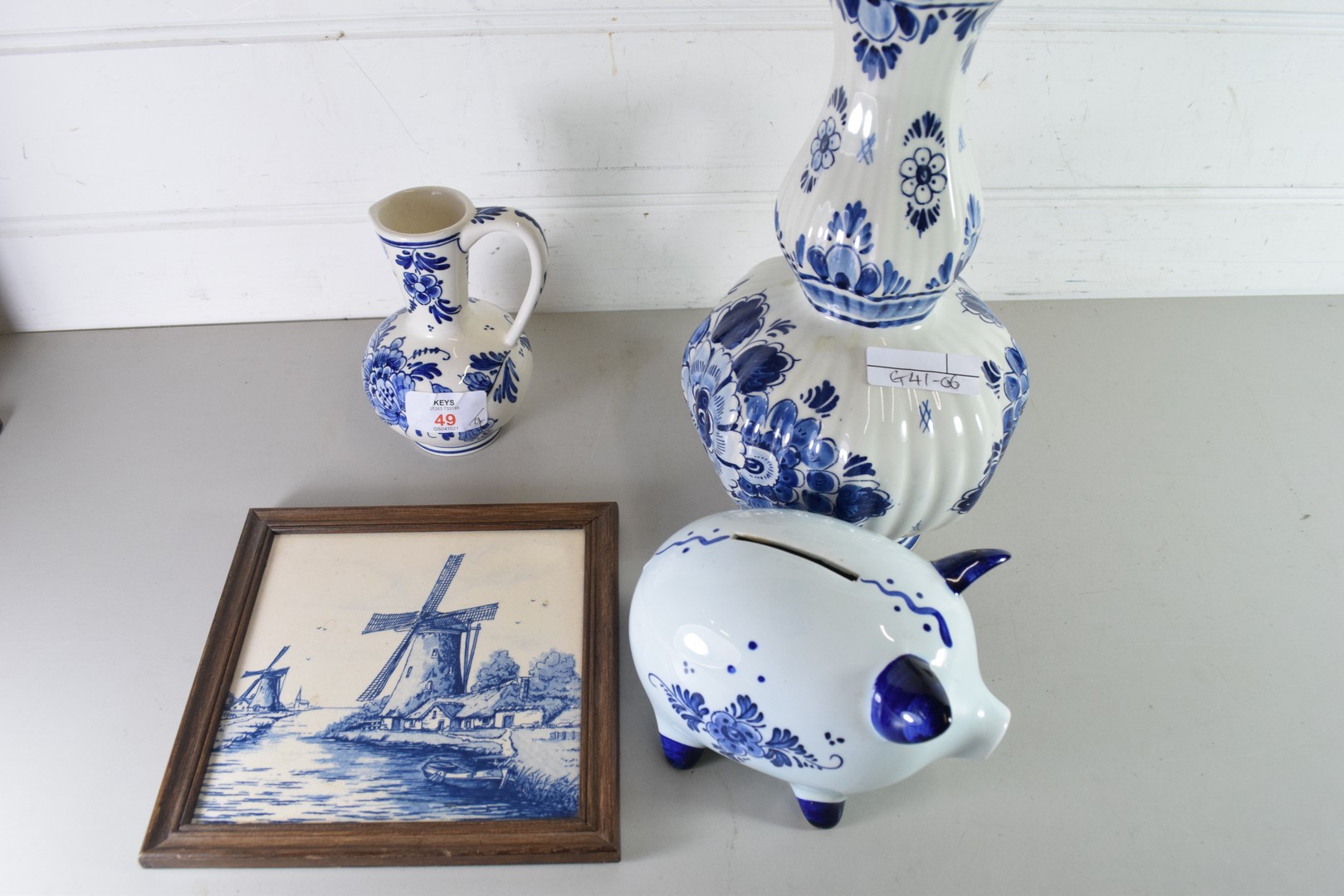 MODERN DELFT PIGGY BANK TOGETHER WITH SIMILAR VASE, JUG AND TILE (4)