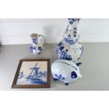 MODERN DELFT PIGGY BANK TOGETHER WITH SIMILAR VASE, JUG AND TILE (4)