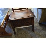 18TH CENTURY STYLE OAK SEWING BOX WITH FLIP TOP LID AND CARVED DECORATION, 47CM WIDE