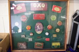 LARGE FRAME CONTAINING VARIOUS VINTAGE TOBACCO AND OTHER TINS