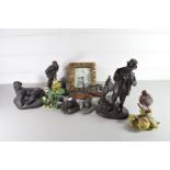 MIXED LOT OF MODERN BRONZED RESIN MODELS OF DOGS, HUNTSMEN ETC TOGETHER WITH A MODERN QUARTZ