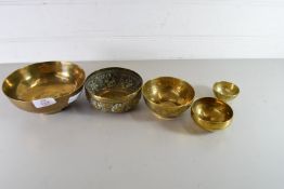 COLLECTION OF FIVE CHINESE AND FAR EASTERN BRASS CIRCULAR BOWLS, LARGEST 16CM DIAM