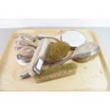 COLLECTION OF SILVER BACKED DRESSING TABLE BRUSHES, HAND MIRROR, SILVER MOUNTED POWDER BOWL, SHOE