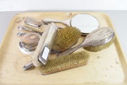 COLLECTION OF SILVER BACKED DRESSING TABLE BRUSHES, HAND MIRROR, SILVER MOUNTED POWDER BOWL, SHOE