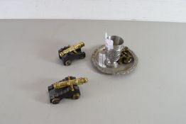 MIXED LOT COMPRISING FOUR MINIATURE BRASS CANDLESTICKS, PAIR OF MINIATURE CANNON, SMALL PEWTER