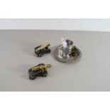 MIXED LOT COMPRISING FOUR MINIATURE BRASS CANDLESTICKS, PAIR OF MINIATURE CANNON, SMALL PEWTER