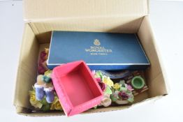 BOX CONTAINING FLORAL PORCELAIN MODELS, WEDGWOOD JASPERWARE PIN TRAY, ROYAL WORCESTER MATHON PATTERN