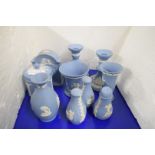 QTY OF VARIOUS WEDGWOOD BLUE JASPERWARE ITEMS TO INCLUDE A BEDSIDE CLOCK, PAIR OF CANDLESTICKS,