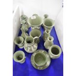 MIXED LOT OF WEDGWOOD BLUE JASPERWARES TO INCLUDE VASES, TEA CUP AND SAUCER, JUG ETC