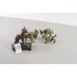 EGYPTIAN BRONZED METAL MODEL OF A CAT, A PAIR OF BRASS DONKEYS AND A PAIR OF BRASS POODLES