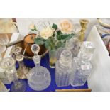 MIXED LOT OF VARIOUS CLEAR DECANTERS, WOODEN BOWL, GLASS CANDLESTICKS ETC