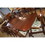 REPRODUCTION MAHOGANY TWIN PEDESTAL DINING TABLE AND EIGHT ACCOMPANYING CABRIOLE LEGGED DINING