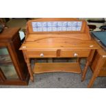MODERN PINE WASH STAND WITH TILED BACK AND TWO DRAWERS RAISED ON TURNED LEGS, 98CM WIDE