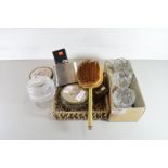 MIXED LOT COMPRISING DRESSING TABLE ITEMS, MODERN STEEL HIP FLASK, GLASS SALT, ETC