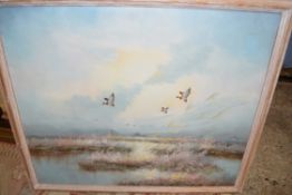 PATRICK, STUDY OF DUCKS IN A MARSHLAND SETTING, OIL ON BOARD, LIMED WOOD FRAME, 69CM WIDE