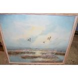 PATRICK, STUDY OF DUCKS IN A MARSHLAND SETTING, OIL ON BOARD, LIMED WOOD FRAME, 69CM WIDE