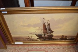 20TH CENTURY CONTINENTAL SCHOOL STUDY OF MOORED BOATS, OIL ON CANVAS, INDISTINCTLY SIGNED, 90CM