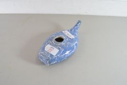 19TH CENTURY BLUE AND WHITE INVALID OR BABY FEEDER, NO MAKERS MARKS APPARENT, 18CM WIDE