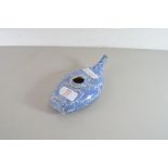 19TH CENTURY BLUE AND WHITE INVALID OR BABY FEEDER, NO MAKERS MARKS APPARENT, 18CM WIDE