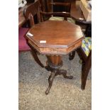 VICTORIAN OCTAGONAL TOPPED TRUMPET SEWING TABLE RAISED ON A CARVED TRIPOD LEG BASE, 74CM HIGH