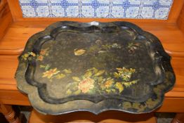 VICTORIAN BLACK LACQUER FINISH SERVING TRAY DECORATED WITH BIRD AMONGST FLOWERS, 64CM WIDE