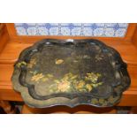 VICTORIAN BLACK LACQUER FINISH SERVING TRAY DECORATED WITH BIRD AMONGST FLOWERS, 64CM WIDE