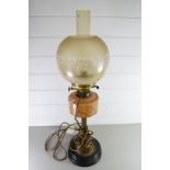 OIL LAMP WITH MARBLED GLASS FONT AND BRASS BASE WITH LATER ELECTRICAL CONVERSION