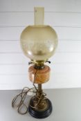 OIL LAMP WITH MARBLED GLASS FONT AND BRASS BASE WITH LATER ELECTRICAL CONVERSION