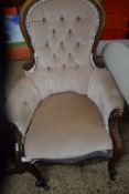 VICTORIAN MAHOGANY FRAMED AND BUTTON UPHOLSTERED ARMCHAIR (A/F)