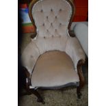 VICTORIAN MAHOGANY FRAMED AND BUTTON UPHOLSTERED ARMCHAIR (A/F)