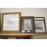 MIXED LOT COMPRISING THREE FRAMED ENGRAVINGS, ST LUKES CHURCH, CHELSEA, A VIEW OF CROMER AND