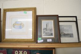 MIXED LOT COMPRISING THREE FRAMED ENGRAVINGS, ST LUKES CHURCH, CHELSEA, A VIEW OF CROMER AND