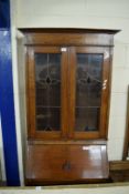 EARLY 20TH CENTURY OAK BUREAU BOOKCASE CABINET WITH LEAD GLAZED TOP SECTION OVER A BASE WITH FALL