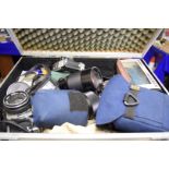 ALUMINIUM FLIGHT CASE CONTAINING AN OLYMPUS 35RC CAMERA, OLYMPUS CAMERA AND A SELECTION OF LENSES TO