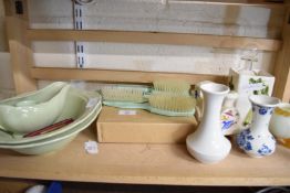 MIXED LOT OF DRESSING TABLE SET, TRAIN SHAPED MONEY BOX, VASES ETC