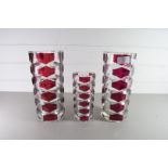 THREE MID 20TH CENTURY FRENCH RED AND CLEAR GLASS VASES