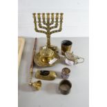 MIXED LOT COMPRISING AN ISRAELI CAST BRASS JEWISH MENORA CANDLESTICK, A BRASS INK STAND, CANDLE