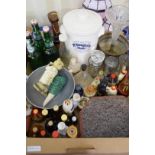 BOX CONTAINING MINIATURE BOTTLES OF SPIRITS, MACDOUGALLS FLOUR BIN, CASED VANITY SET ETC