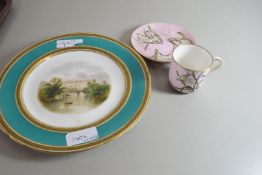 19TH CENTURY CABINET PLATE, POSSIBLY COALPORT, DECORATED WITH SCENE OF A COUNTRY HOUSE SURROUNDED BY