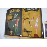 TWO NOVELTY WOODEN TOILET SIGNED 'LADIES' 'GENTS', 68CM HIGH