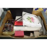 BOX OF MIXED ITEMS TO INCLUDE PLACE MATS, SLIPPERS, PHOTOGRAPH FRAME ETC