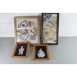 MIXED LOT OF PAIR OF FOIL WORK PICTURES OF A BOY AND GIRL, PLUS TWO FURTHER NEEDLEWORK PICTURES