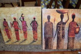 PAIR OF COLOURED PRINTS, AFRICAN MASAI FIGURES, IN GILT FRAMES, 59CM WIDE